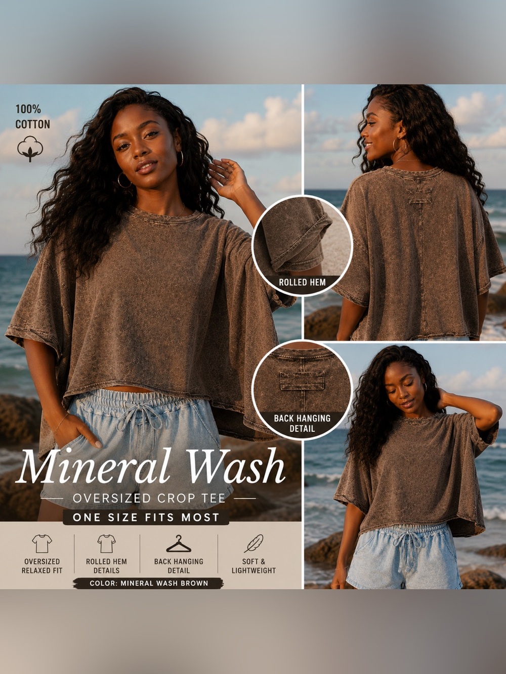 🆕 Brown Mineral Wash Oversized Crop Tee One Size 100% Cotton Relaxed Summer Top🔥